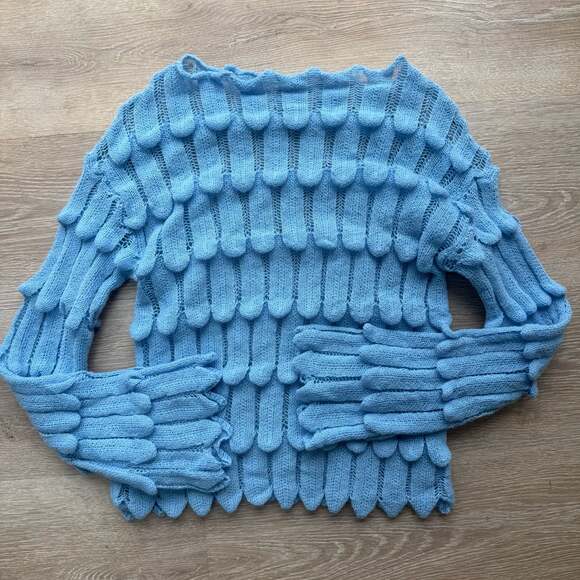 Light Blue Women's Open Knit Scallop-Trim Sweater - Picture 3 of 13